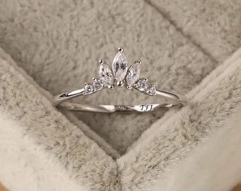Curved Engagement Ring, Art deco Matching Band ,Curved Wedding Band Rings ,Marquise Cut Handmade Ring, Anniversary promise Ring Stack Rings