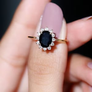 Black Onyx Engagement Ring, Oval Cut 14K Yellow Gold Engagement Ring,Cluster Ring Cz Diamond Ring Bridal Ring,Promise Ring, Anniversary Gift