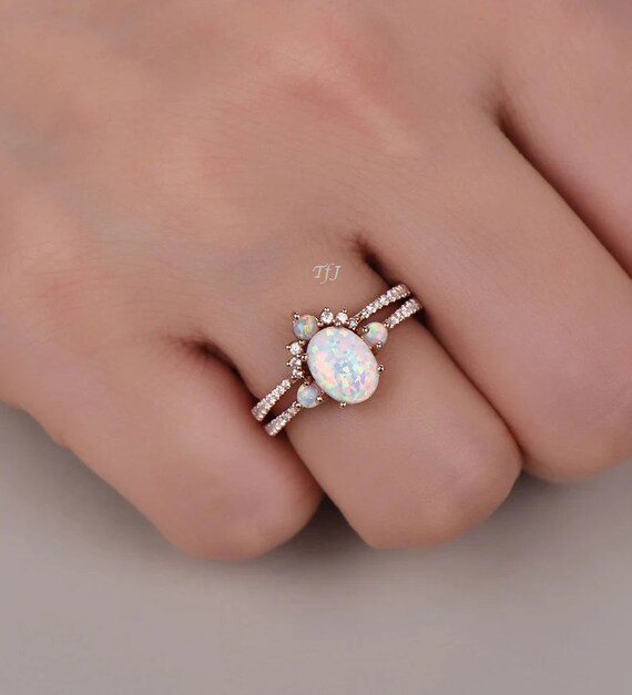 Anello di fidanzamento vintage con opale bianco taglio aquilone, set in oro rosa 14k con opale taglio marquise e pietra di luna, set regalo per anniversario da donna con moissanite