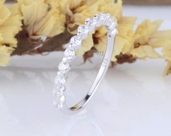 Moissanite Sterling Silver Wedding Band: Minimalist Half Eternity Ring