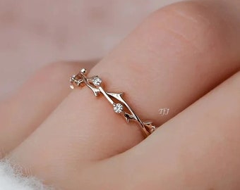 Eternity Twig Wedding Band, Customized Surprise Ring For Her, Leaf Vine Moissanite, Birthday Gift Ring, Solid 14K Yellow Gold Delicate Ring