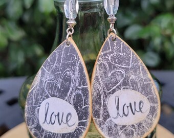 Black Distressed Love Word Earrings with beads. Teardrop, Wood and Paper, antique look, Handmade Valentines Day Gift, Galentines Gift,3-1/2"