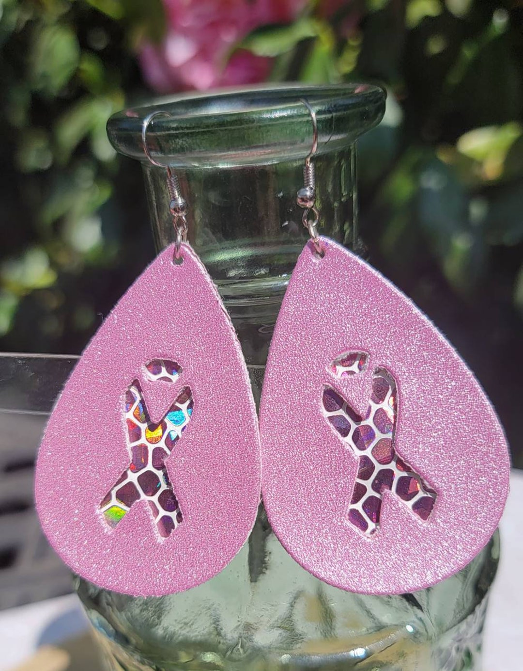 Pink Ribbon Earrings. Handmade 2layer, Iridescent Pink Pebble and Pink