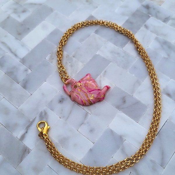 pink hue gold veined teapot necklace