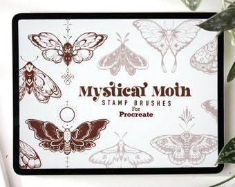 May include: A digital illustration of a set of mystical moth stamp brushes for Procreate. The image shows a variety of moth designs in brown and white on a white background. The text "Mystical Moth Stamp Brushes for Procreate" is displayed in brown.