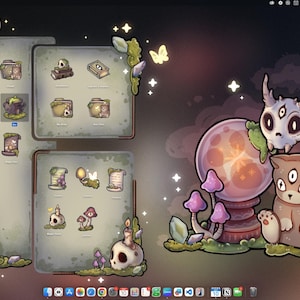 May include: Whimsical digital art featuring a desktop interface with stylized icons and folders. A crystal ball, mushrooms, and a creature with three eyes are prominent. The color palette includes greens, purples, and browns, with a touch of magic.