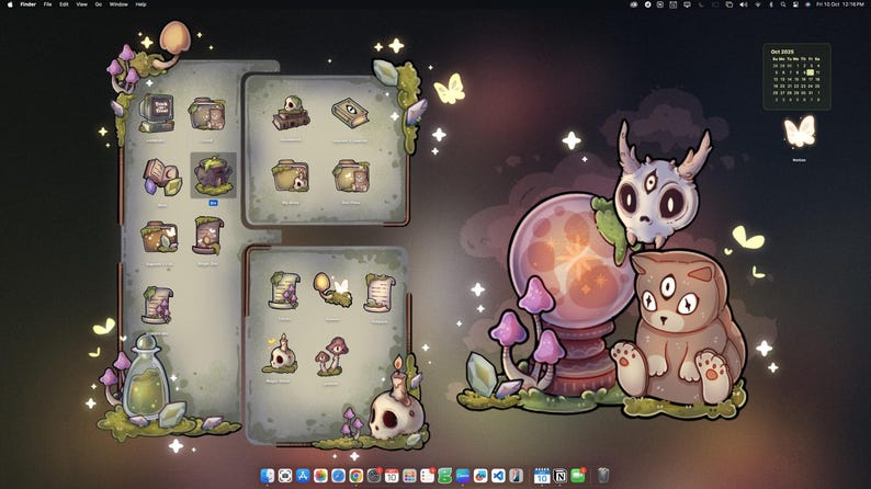 May include: Whimsical digital art featuring a desktop interface with stylized icons and folders. A crystal ball, mushrooms, and a creature with three eyes are prominent. The color palette includes greens, purples, and browns, with a touch of magic.
