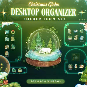 Puede incluir: Un conjunto de iconos de carpetas para escritorio titulado Christmas Globe Desktop Organizer para Mac y Windows. El set incluye varios iconos de bolas de nieve con pinos verdes, un ciervo blanco y gráficos navideños sobre un fondo verde oscuro.