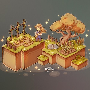 May include: An illustrated scene of a miniature farm with a farmer, crops, and a dog. The farmer is holding wheat. The crops include corn and other plants. A large tree and a small fence are also present. The image has a cartoon style.