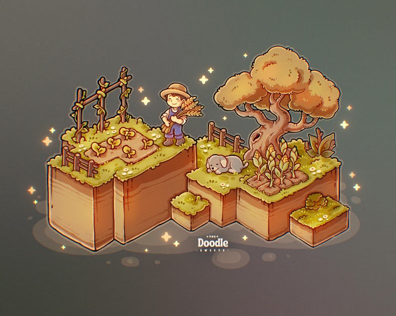 May include: An illustrated scene of a miniature farm with a farmer, crops, and a dog. The farmer is holding wheat. The crops include corn and other plants. A large tree and a small fence are also present. The image has a cartoon style.