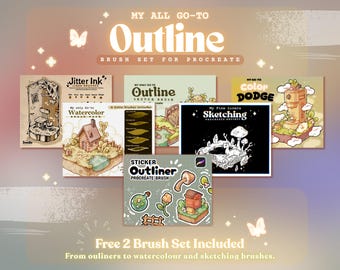 May include: A digital art brush set for Procreate, featuring various brush styles. The image displays several sample illustrations and the text "MY ALL GO-TO Outline BRUSH SET FOR PROCREATE". Includes free brushes for sketching and watercolor.