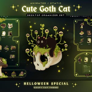 Peut inclure: Un ensemble d'organisateur de bureau sur le th&egrave;me du chat gothique mignon. Le design pr&eacute;sente un chat noir perch&eacute; sur un cr&acirc;ne avec du feuillage vert, entour&eacute; d'ic&ocirc;nes et du texte "Cute Goth Cat" et "Halloween Special". La palette de couleurs est vert fonc&eacute; et noir.