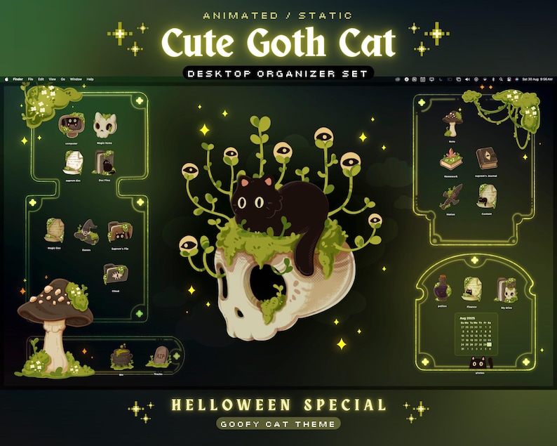 Peut inclure: Un ensemble d'organisateur de bureau sur le th&egrave;me du chat gothique mignon. Le design pr&eacute;sente un chat noir perch&eacute; sur un cr&acirc;ne avec du feuillage vert, entour&eacute; d'ic&ocirc;nes et du texte "Cute Goth Cat" et "Halloween Special". La palette de couleurs est vert fonc&eacute; et noir.
