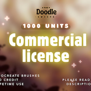 Op de afbeelding: Afbeelding die een commerciële licentie voor Procreate-penselen promoot. De tekst luidt "Commercial license" in grote, oplichtende letters, met "1000 UNITS" erboven. Extra tekst omvat "Procreate Brushes", "No Credit" en "Lifetime Use".