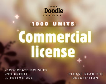 Może przedstawiać: Obraz promujący licencję komercyjną na pędzle Procreate. Tekst główny to "Commercial license" dużymi, świecącymi literami, z napisem "1000 UNITS" powyżej. Dodatkowy tekst zawiera "Procreate Brushes", "No Credit" i "Lifetime Use".