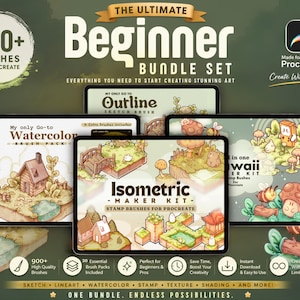 May include: A digital product bundle for Procreate featuring 900+ brushes across 30 packs. The display shows tablets with isometric illustrations of houses, mushrooms, and landscapes. Text includes The Ultimate Beginner Bundle Set and various brush pack titles.