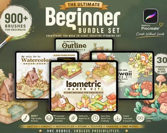 Procreate Beginner Bundle Brush Set | Outline, Watercolour, Ink Textured Brushes, Guides | Over 900+ Brushes for Procreate - TheDoodleSweets