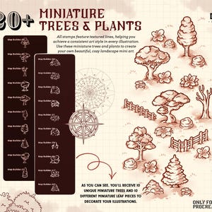 May include: A digital stamp set titled 20+ Miniature Trees & Plants for Procreate, featuring a collection of brown line-art illustrations of various trees, bushes, fences, and a compass rose on a grid background with instructional text.