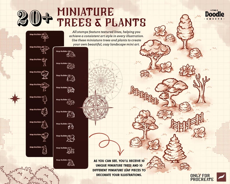 May include: A digital stamp set titled 20+ Miniature Trees & Plants for Procreate, featuring a collection of brown line-art illustrations of various trees, bushes, fences, and a compass rose on a grid background with instructional text.