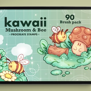 May include: A digital illustration of a tablet screen displaying a set of 90 Procreate stamps featuring cute cartoon mushrooms and bees. The text "kawaii Mushroom & Bee" and "90 Brush pack" is displayed on the screen.