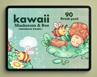Puede incluir: Una ilustración digital de una pantalla de tableta que muestra un conjunto de 90 sellos de Procreate con lindos dibujos animados de hongos y abejas. El texto "kawaii Mushroom & Bee" y "90 Brush pack" se muestra en la pantalla.