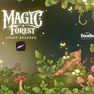May include: Digital art illustration with the text "MAGIC FOREST STAMP BRUSHES" and a Procreate app icon. The image features a whimsical forest scene with mushrooms, foliage, and glowing accents. The Doodle Sweets logo is also visible.