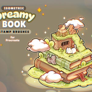 May include: A digital illustration of a stack of books with a green grassy top. The books are stacked on top of each other and have a brown, yellow, and green colour scheme. There are clouds and stars in the background. The text "ISOMETRIC Dreamy BOOK STAMP BRUSHES for Procreate" is at the top of the image.