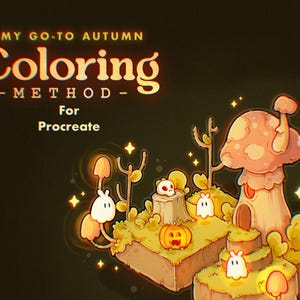 以下が含まれることがあります： きのこのお家、かぼちゃ、幽霊などが描かれた、幻想的な秋の風景のデジタルイラスト。画像の上部には「My Go-To Autumn Coloring Method - For Procreate」というテキストが表示されています。