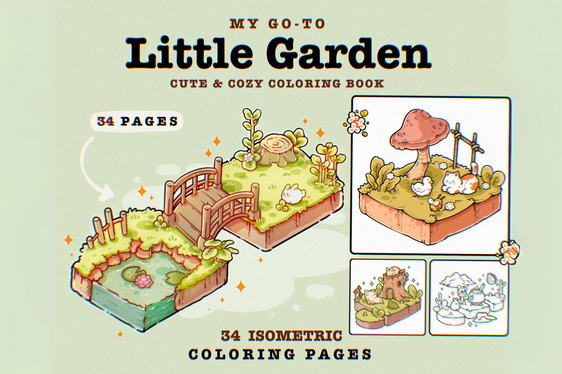 Mi pequeño jardín favorito – Páginas de colorear isométricas | 34 diseños imprimibles acogedores de animales y naturaleza