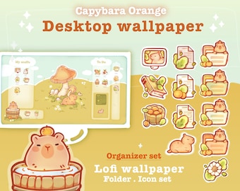Capybara Orange Desktop Theme Background Wallpaper Organizer Set | Lofi Garden Folder Icons Wallpaper Organizer | Kawaii Desktop Organizer