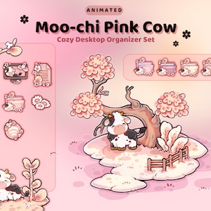 Pink Cow Desktop Theme Background Wallpaper Organizer Set | Lofi Cozy Folder Icon Wallpaper Organizer | Animated Organizer Wallpaper