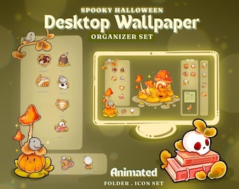 Spooky Halloween Desktop Theme Background Wallpaper Organizer Set |  Pumpkin Folder Icons Sets | Animated Desktop Organizer Wallpaper Set