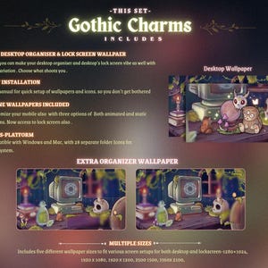 May include: Promotional image for "Gothic Charms" digital wallpaper set. Includes desktop and phone wallpapers, easy installation, and cross-platform compatibility. Features a dark, whimsical aesthetic with a computer, skull, and potion bottles.