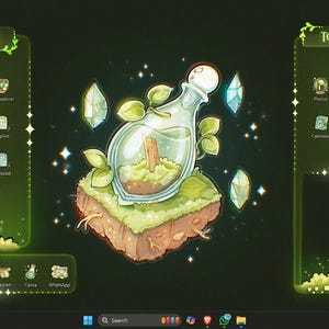 Pode incluir: Um tema de interface de desktop digital com fundo verde escuro e bordas verde-claras brilhantes. O gr&aacute;fico central mostra uma garrafa de vidro contendo uma planta em uma ilha flutuante, cercada por cristais flutuantes e brilhos.