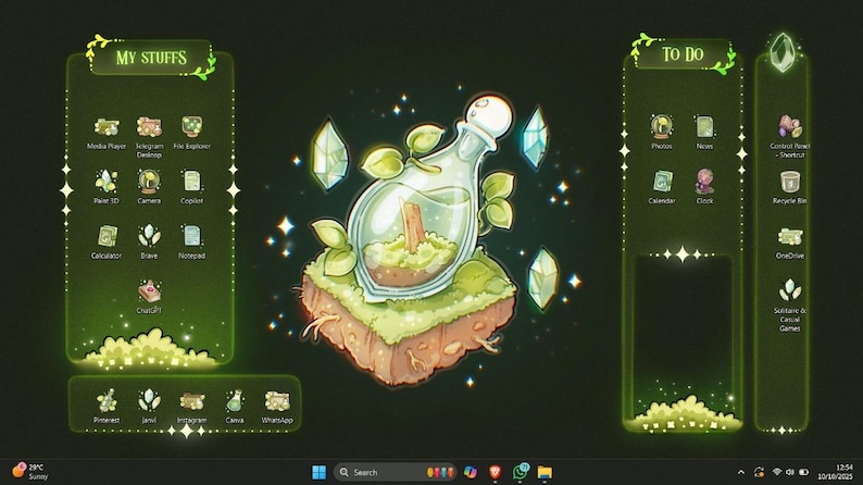 Pode incluir: Um tema de interface de desktop digital com fundo verde escuro e bordas verde-claras brilhantes. O gr&aacute;fico central mostra uma garrafa de vidro contendo uma planta em uma ilha flutuante, cercada por cristais flutuantes e brilhos.