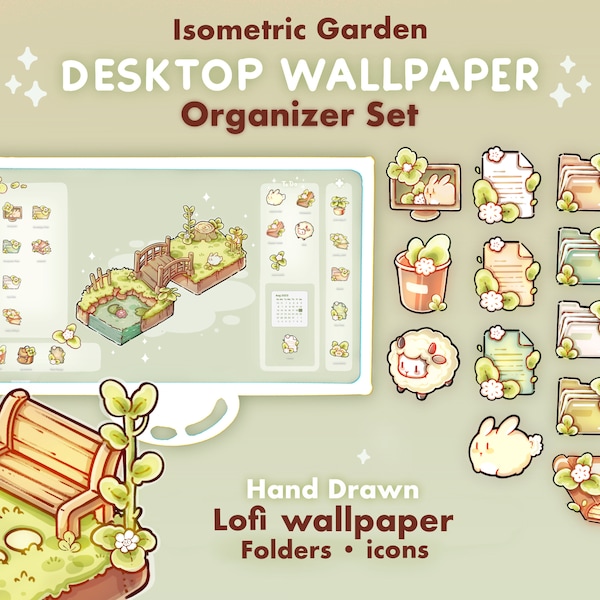 Isometric Garden Desktop Theme Background Wallpaper Organizer Set | Lofi Garden Folder Icons Wallpaper Organizer | Kawai Desktop Organizer