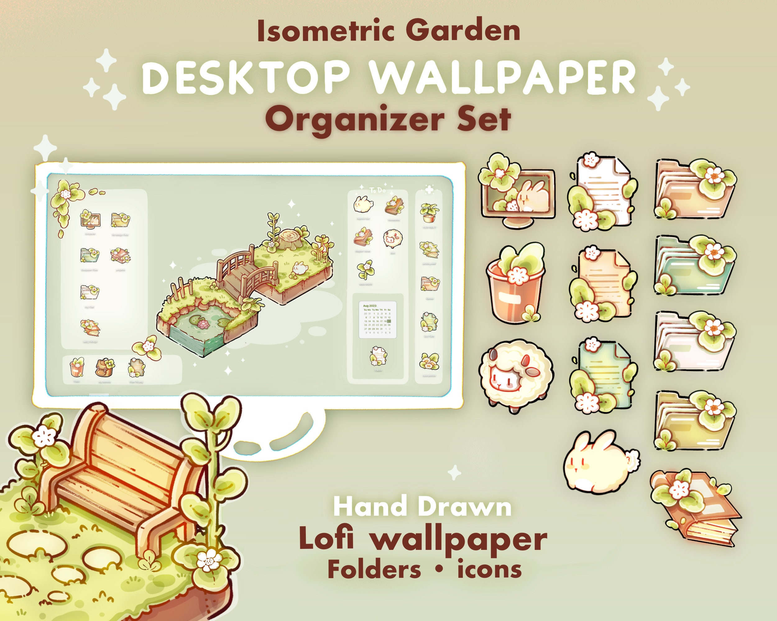 Isometric Garden Desktop Theme Background Wallpaper Organizer Set | Lofi Garden Folder Icons Wallpaper Organizer | Kawai Desktop Organizer