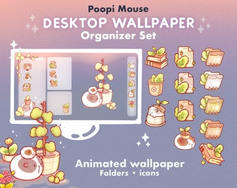 Poopi マウス デスクトップ テーマ 背景 壁紙 オーガナイザー セット | Lofi アニメーション フォルダー アイコン 壁紙 オーガナイザー | Kawai デスクトップ オーガナイザー