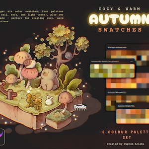 May include: Digital art featuring a cozy autumn theme. The image includes a whimsical illustration of a bear, snail, and rabbit in a miniature forest setting, with color palettes and the text "COZY & WARM AUTUMN SWATCHES".