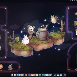 Pode incluir: Um papel de parede de desktop caprichoso com uma cena de fantasia de desenho animado. O design inclui ilhas flutuantes com uma panela, um calend&aacute;rio e v&aacute;rios &iacute;cones. A paleta de cores &eacute; escura com detalhes em roxo e dourado, e o tema geral &eacute; fofo e m&aacute;gico.
