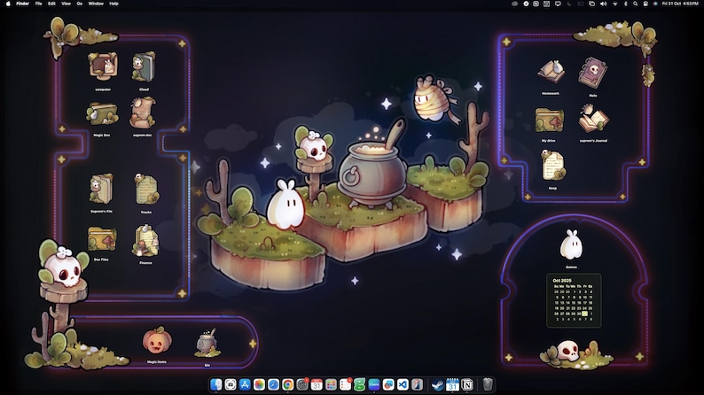 Pode incluir: Um papel de parede de desktop caprichoso com uma cena de fantasia de desenho animado. O design inclui ilhas flutuantes com uma panela, um calend&aacute;rio e v&aacute;rios &iacute;cones. A paleta de cores &eacute; escura com detalhes em roxo e dourado, e o tema geral &eacute; fofo e m&aacute;gico.