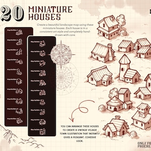 Miniature Landscape Town Builder Procreate Stamp Brushes | Fantasy Map Builder Set | Mini House, trees, lake, rock Stamp Brush for Procreate image 3