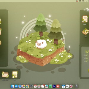 May include: A digital desktop interface featuring a forest-themed aesthetic with soft green tones. The screen displays a central illustration of a white sheep on a grassy island with pine trees, surrounded by organised app icons, a to-do list, and a calendar.