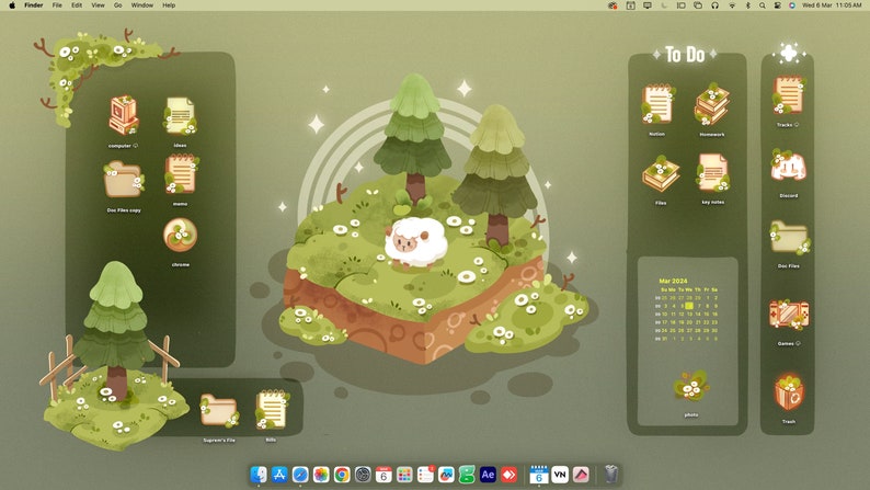 May include: A digital desktop interface featuring a forest-themed aesthetic with soft green tones. The screen displays a central illustration of a white sheep on a grassy island with pine trees, surrounded by organised app icons, a to-do list, and a calendar.