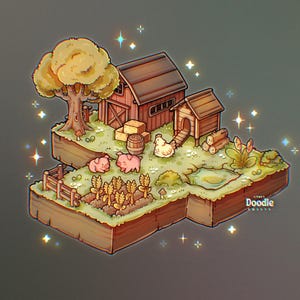 May include: An illustrated farm scene with a red barn, chicken coop, and a tree. Two pink pigs, a white chicken, and a small pond are also present. A small garden with wheat is in the foreground. The word "Doodle" is in the bottom right corner.