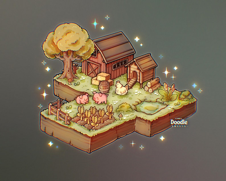 May include: An illustrated farm scene with a red barn, chicken coop, and a tree. Two pink pigs, a white chicken, and a small pond are also present. A small garden with wheat is in the foreground. The word "Doodle" is in the bottom right corner.