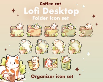 Coffee Cat Desktop Theme Background Wallpaper Organizer Set | Lofi Morning Folder Icons Wallpaper Organizer | Coffee Lover Desktop Organizer