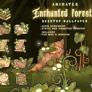 May include: Animated "Enchanted Forest" desktop wallpaper with a forest theme. The image includes various icons such as books, folders, and scrolls, all adorned with floral and mushroom accents. The text reads "100% Handmade" and "For Mac & Window".