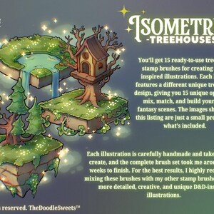 Pu&ograve; includere: Un set di illustrazioni digitali intitolato Isometric Treehouses di The Doodle Sweets che mostra tre isole galleggianti con erba verde, alberi, una piccola casa e uno stagno. Il testo descrive 15 pennelli a timbro pronti all'uso.