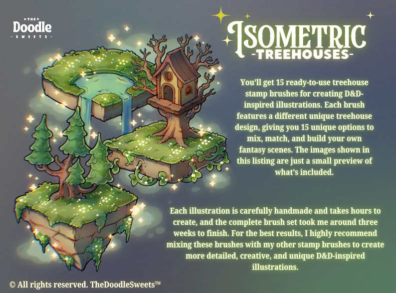 Pu&ograve; includere: Un set di illustrazioni digitali intitolato Isometric Treehouses di The Doodle Sweets che mostra tre isole galleggianti con erba verde, alberi, una piccola casa e uno stagno. Il testo descrive 15 pennelli a timbro pronti all'uso.